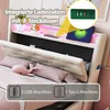 A bed with a headboard featuring integrated lighting and charging ports, with decorative pillows and a stuffed toy on the bed. Anteprima dell’immagine prodotto
