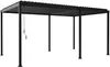 A black metal pergola with a slatted roof and a crank mechanism on a white background. Produktbild-Vorschau