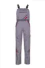 A pair of gray and red work overalls is shown against a white background. Produktbild-Vorschau