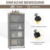A tall, gray storage cabinet with four transparent doors is shown, along with diagrams illustrating its wheels. Náhled obrázku produktu