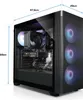 A gaming PC with internal components visible through a glass side panel, with dimensions indicated by measurement lines and text. Produktbild-Vorschau