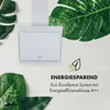A white kitchen hood is shown against a white background, surrounded by large green leaves. Text and a leaf icon are present on the right side. Produktbild-Vorschau