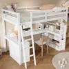 A white loft bed with a desk and shelves underneath, set up in a room with wooden flooring. Náhled obrázku produktu