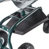 Close-up of a green garden stool with a black storage compartment and wheels. Podgląd zdjęcia produktu