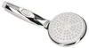 A chrome shower head with a white faceplate and a start-stop button on a white background. Podgląd zdjęcia produktu