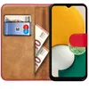 A red flip case for a Samsung Galaxy A13 5G / A04s, showing the inside with credit cards and euro banknotes, and the phone screen. Produktbild-Vorschau
