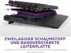 An exploded view of a keyboard showing its internal layers, with text describing its features. Produktbild-Vorschau