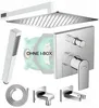 A collage of shower system components, including a showerhead, hand shower, hose, faucet controls, and a rough-in valve. Produktbild-Vorschau