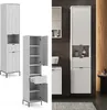 Collage of a white tall bathroom cabinet with fluted details, showing it closed and open, and also in a staged bathroom setting. Náhled obrázku produktu