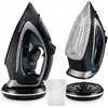 A cordless steam iron and its accessories are displayed against a white background. Produktbild-Vorschau