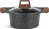 A speckled black pot with a glass lid and wooden handles. Produktbild-Vorschau