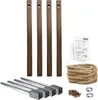 A collection of components for a wooden fence kit, including wooden posts, metal ground stakes, rope, screws, and hose clamps, laid out on a white background. Produktbild-Vorschau