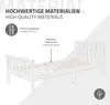 A white wooden bed frame is shown from a side-angle, with text overlays highlighting its features. Náhľad obrázku produktu