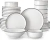 A collection of white ceramic plates and bowls with a thin black rim. Produktbild-Vorschau