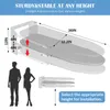 Diagram showing the dimensions and height adjustments of a wall-mounted ironing board, with silhouettes of a man and woman for scale. Produktbild-Vorschau