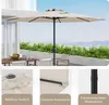 A patio umbrella set up on a patio with a table and chairs, with close-up shots of the umbrella's features below. Produktbild-Vorschau