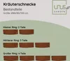Diagram showing the components of a Kräuterschnecke (herb spiral) garden feature, illustrating the different ring sizes and the number of parts for each. Produktbild-Vorschau