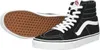 A pair of black Vans Sk8-Hi sneakers shown from a diagonal angle, with one shoe on its side revealing the sole. Voir les images du produit