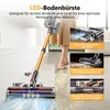 A person is using a cordless vacuum cleaner on a floor, with close-up insets highlighting features. Produktbild-Vorschau