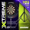 A dartboard stand with a dartboard attached, presented with marketing text and graphics. Produktbild-Vorschau