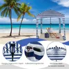 A beach scene with a striped beach tent, a person relaxing in a chair, and close-up views of the tent's features. Anteprima dell’immagine prodotto