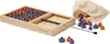 A wooden board game with colorful pegs and a metal rod, along with a drawstring bag of pegs. Produktbild-Vorschau