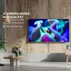 A modern living room setting with a large TV displaying a colorful underwater scene, featuring a clownfish among anemones. The TV is mounted on a wood-paneled wall, with a small side table and a coffee table with a vase of flowers in the foreground. Produktbild-Vorschau