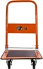A front view of an orange folding platform trolley with a black base and wheels. Podgląd zdjęcia produktu