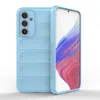 A light blue phone case is shown next to a smartphone with a colorful wallpaper. Produktbild-Vorschau