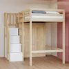 A loft bed with a wardrobe and stairs, set against a pink and white wall. Voir les images du produit