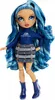 A fashion doll with blue hair and blue clothing, standing against a white background. Produktbild-Vorschau