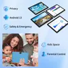 A family is looking at a tablet, with marketing text and images of other tablets in the background. Produktbild-Vorschau