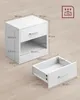 A white nightstand with dimensions shown is displayed, along with a detached drawer showing its dimensions. Náhled obrázku produktu