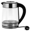 A studio shot of a glass electric kettle with a black handle and a silver base, connected to a power cord and plug. Produktbild-Vorschau