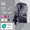A dark gray hooded bathrobe is displayed, with a swatch of colors and certifications on the left side. Produktbild-Vorschau