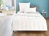 A bed with white bedding and pillows in a room with blue walls and wooden floors. Produktbild-Vorschau