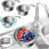 A collage of stainless steel sink strainers and a sink filled with fruit, with a faucet in the background. Náhled obrázku produktu