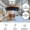 A boat in a workshop, with marketing text and icons. Produktbild-Vorschau
