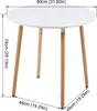 A white round dining table with wooden legs, shown with dimensions indicated by measurement lines and text. Náhled obrázku produktu