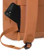 A close-up view of a brown backpack with a black smartphone partially inserted into a zippered side pocket. Voir les images du produit