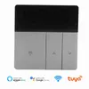 A smart thermostat with three buttons and a black top section, set against a white background. Below the thermostat are logos indicating compatibility with Amazon Alexa, Google Home, and Tuya. Produktbild-Vorschau