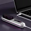 A white and purple hair straightening brush is shown plugged into a laptop via a white USB cable on a purple surface. Produktbild-Vorschau