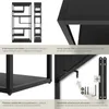 A collage showing different views and details of a black metal shelving unit, including its design, frame, and mounting hardware. Náhled obrázku produktu