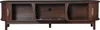 A dark brown TV stand with three compartments, two with sliding doors and one open compartment in the middle with a flip-down door. Produktbild-Vorschau