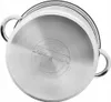 The bottom of a stainless steel pot with branding and symbols embossed on it. Produktbild-Vorschau