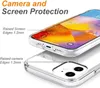A clear protective case for an iPhone 13 Mini is shown, highlighting its screen and camera protection features. Voir les images du produit