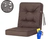 A brown chair cushion is shown against a white background. A small circular inset shows water droplets on fabric, indicating water resistance. A hand in a blue glove is shown cleaning the cushion with a yellow sponge. Náhled obrázku produktu