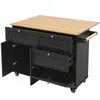 A black kitchen island with a wooden countertop, shown with drawers and doors open. Podgląd zdjęcia produktu