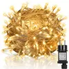 A coiled string of warm white LED lights with a black power adapter. Produktbild-Vorschau