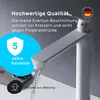 A close-up of a white faucet with water flowing, overlaid with marketing text and icons. Produktbild-Vorschau